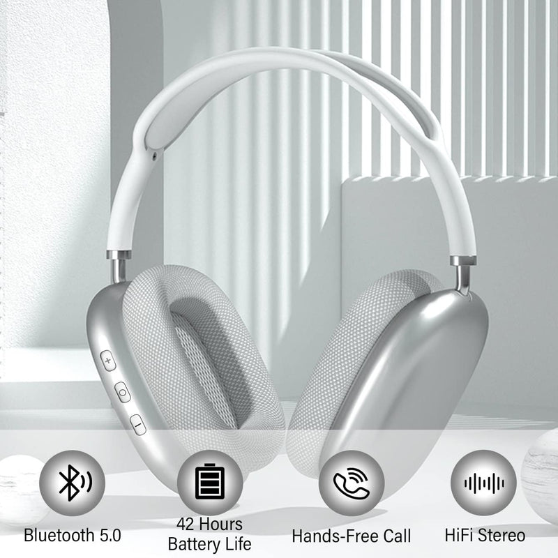 Headphones Over-Ear v5.0 Headphones 42 Hours of Listening Time Volume Control, Fitting in Gaming/Running/Sports Headphones for iPhone/Android/Samsung - Silver
