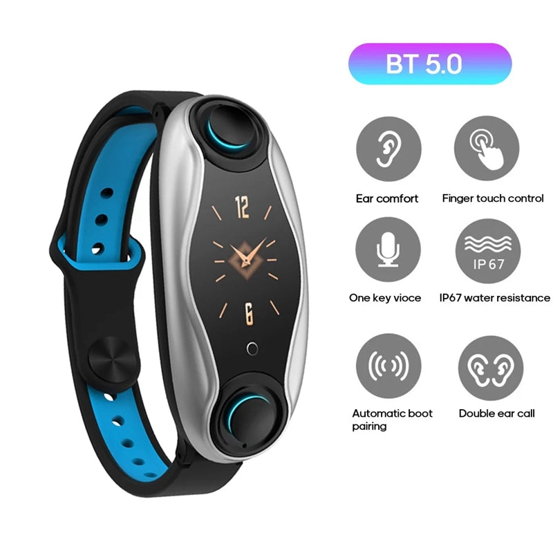 Smart Bracelet Earbuds - 2 in 1 Combo Running Music Wristband Heart Rate TWSEarbuds Blue - Madshot