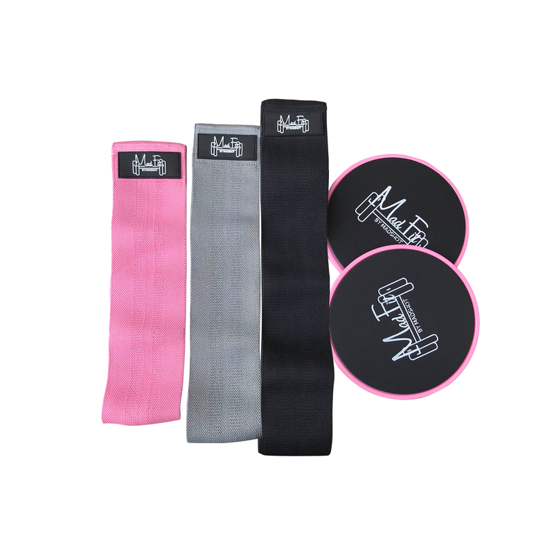 Booty Resistance Bands Set (3 Pack) + 2 Core Sliders | Eco-Friendly, Non-Slip, Non Toxic, Recyclable and DurableTraining Bands Pink - Madshot